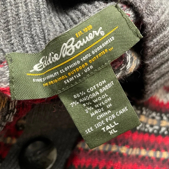 Eddie Bauer Fair Isle Shawl Collar Button Angora Cardigan Sweater XL Tall - Picture 2 of 10